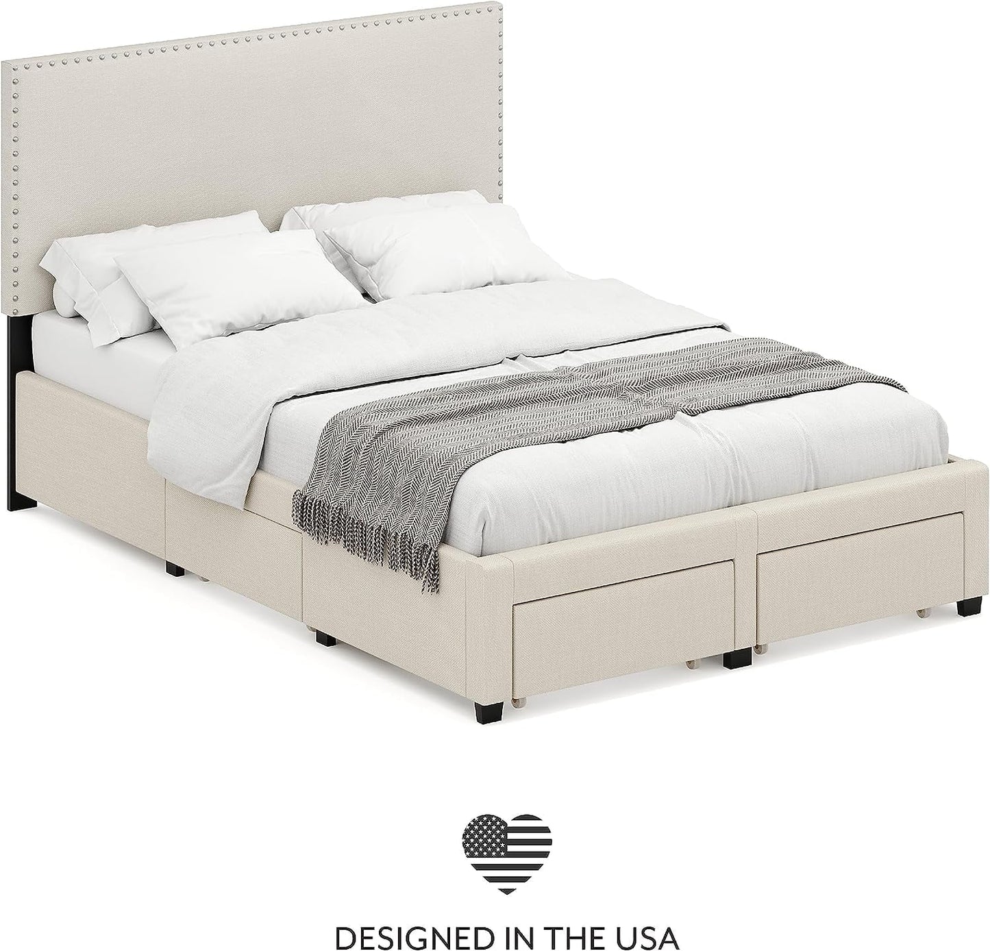 DG Casa Lucas Nailhead Trim Upholstered Platform Bed Frame with Storage, Queen Size, Beige