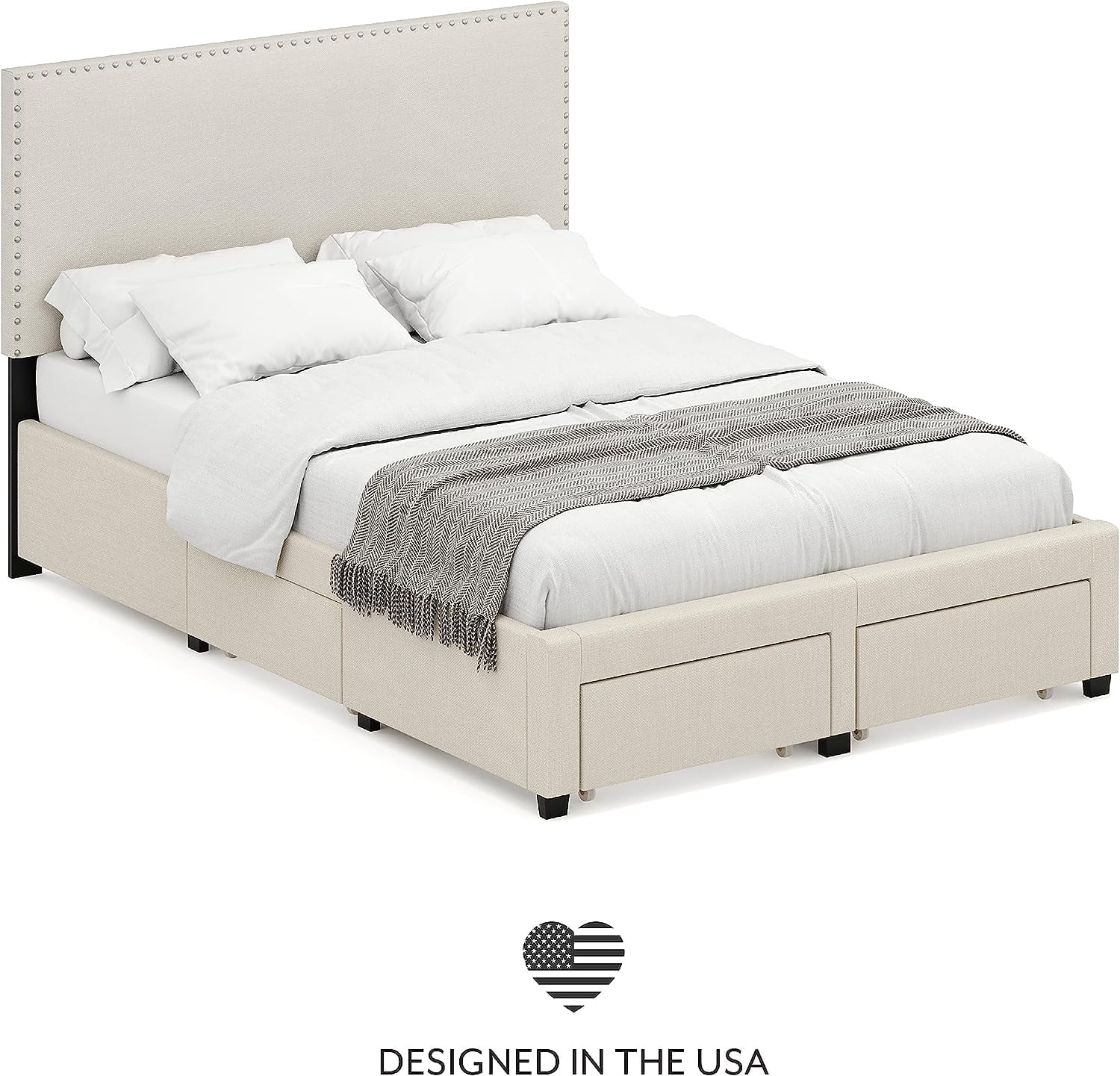 DG Casa Lucas Nailhead Trim Upholstered Platform Bed Frame with Storage, Queen Size, Beige