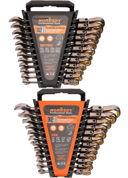 24PC Flex-Head Ratcheting Wrench Set Metric & SAE w/Organizer 8-19mm 1/4"-7/8"