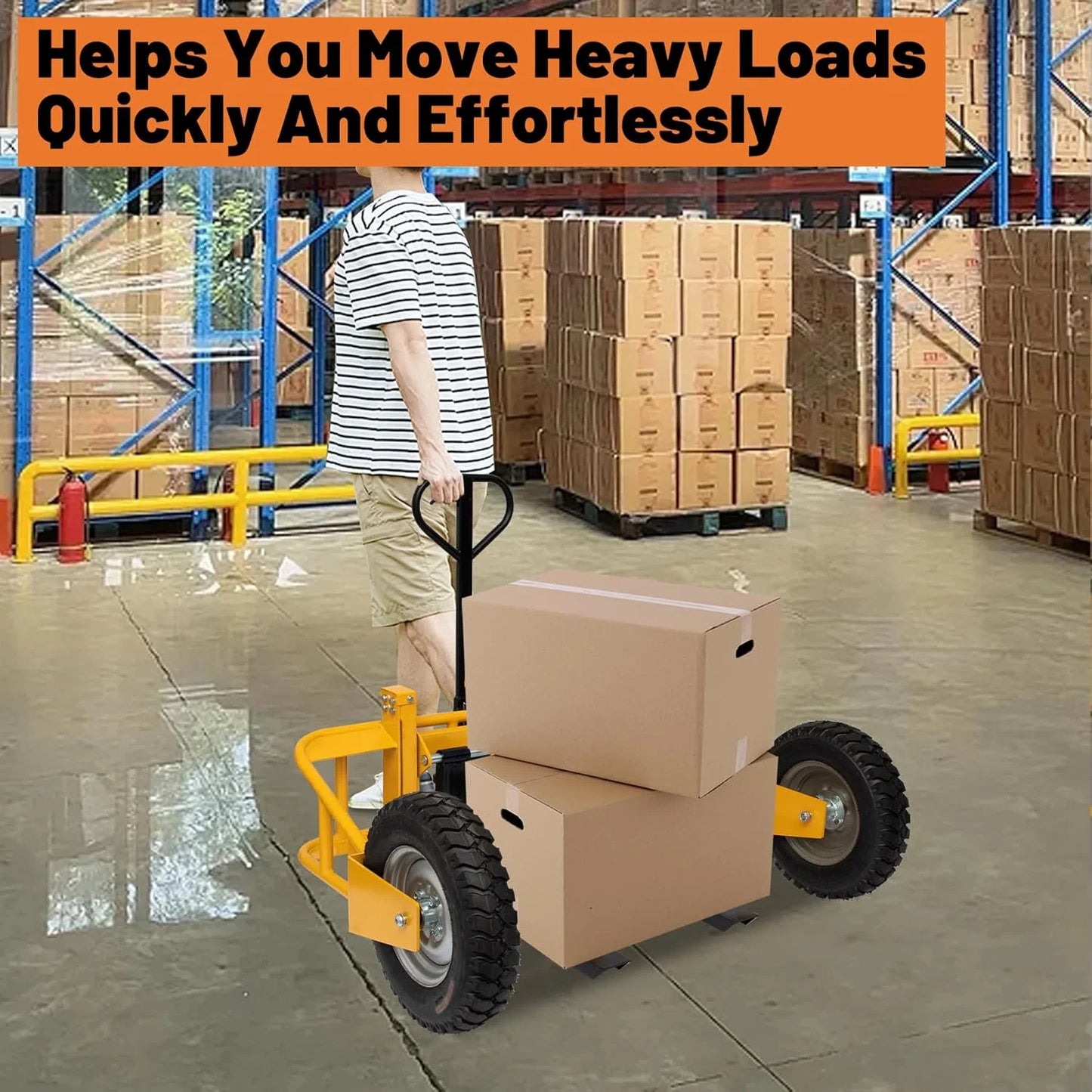 All Terrain Manual Pallet Jack with Guardrail, Heavy Duty Pallet Truck 2500 lbs Load Capacity, 3-Function Hand Control Manual Pallet Truck, Adjustable Width Forks, 65.75"W x 55.35"D x 50.39"H