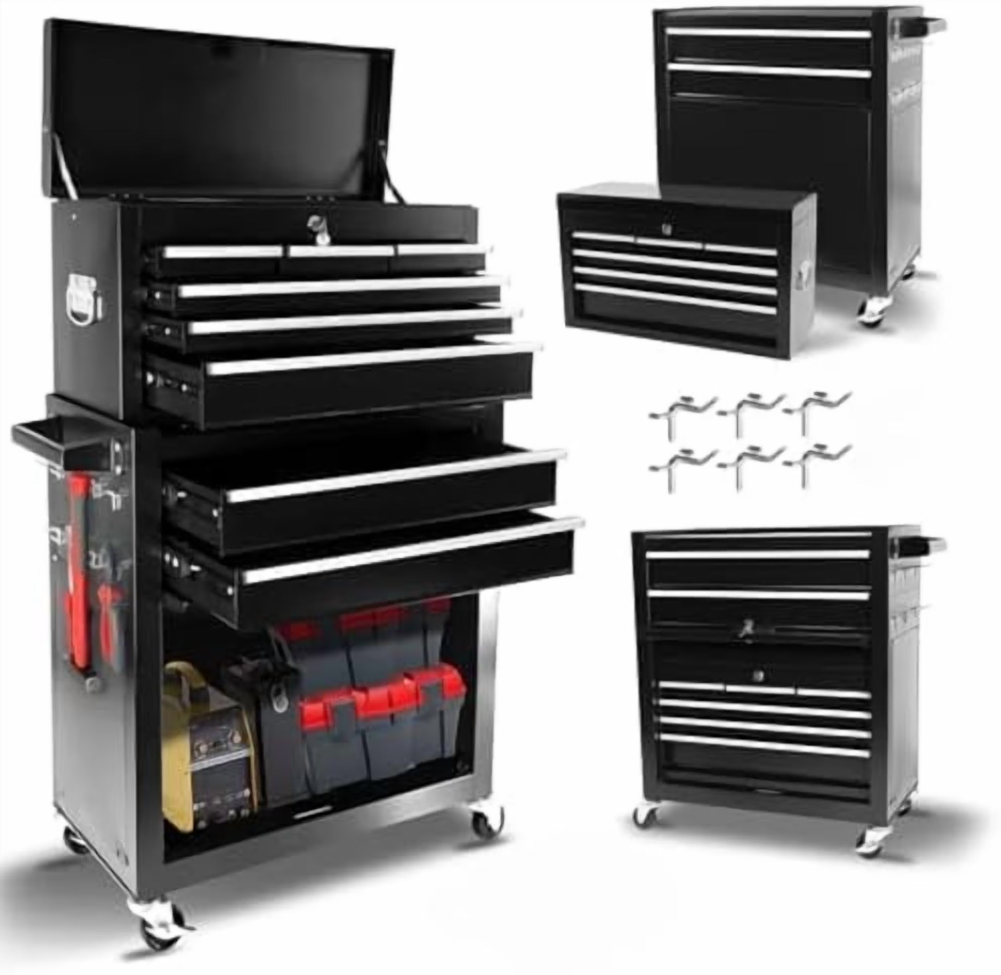 8-Drawer Rolling Tool Chest with Detachable Top Tool Box, Lockable Metal Tool Cabinet, and Liner, Heavy-Duty Storage Organizer with Wheels and 6 Hooks for Garage, Workshop, Green