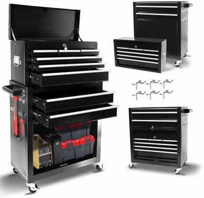 8-Drawer Rolling Tool Chest with Detachable Top Tool Box, Lockable Metal Tool Cabinet, and Liner, Heavy-Duty Storage Organizer with Wheels and 6 Hooks for Garage, Workshop, Green