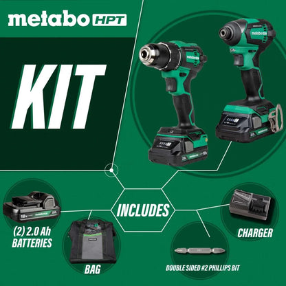 Metabo HPT 18V MultiVolt Cordless Brushless Driver Drill & Impact Driver Combo Kit, Includes 2 Lithium-Ion Batteries, Case and Charger, KC18DEXQB