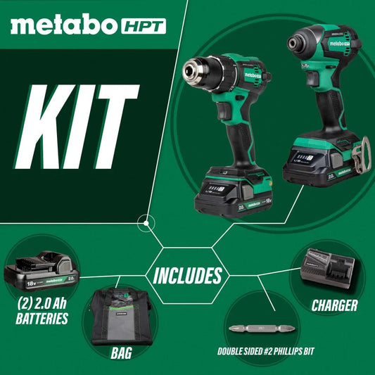 Metabo HPT 18V MultiVolt Cordless Brushless Driver Drill & Impact Driver Combo Kit, Includes 2 Lithium-Ion Batteries, Case and Charger, KC18DEXQB