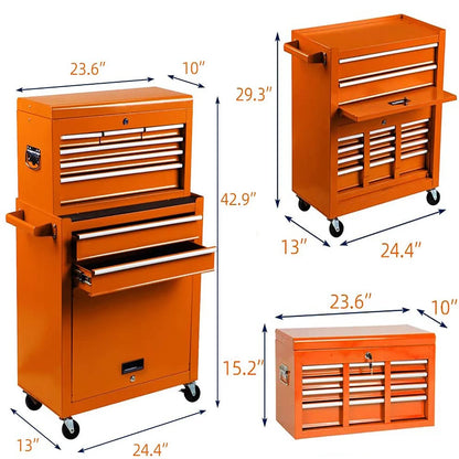 8-Drawer Tool Chest with Wheels, Tool Storage Cabinet and Tool Box, Lockable Rolling Tool Chest with Drawers, Toolbox Organizer for Garage Warehouse Workshop (Orange)