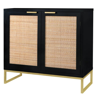 Eumyviv Modern Accent Sideboards Cabinets with 2 Rattan Doors, Mid-Century Buffets Storage Credenzas for Bedroom Living Room,Black,H0046