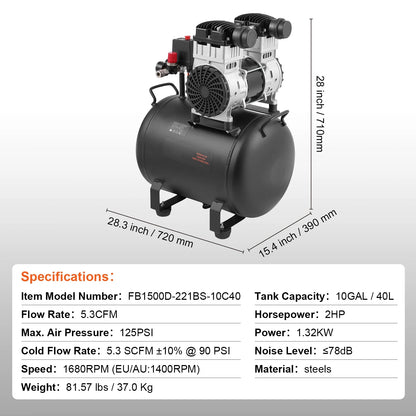 KFFKFF Air Compressor, 10 Gallon Steel Tank, 2HP 5.3 CFM@90 PSI, Oil-Free, Max 125PSI, 78dB Quiet Portable Compressor for Auto Repair, Tire Inflation, Spray Painting