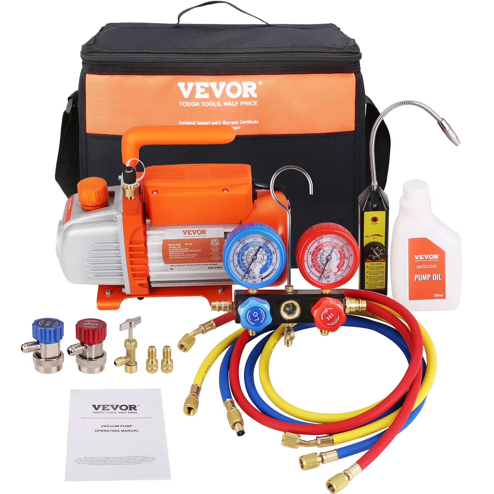 VEVOR 1/4 HP 4.5 CFM AC Vacuum Pump and Gauge Set, Single Stage Rotary Vane HVAC Air Vacuum Pump A/C?RefrigerantKit Manifold Gauge Set, with Three-Color Hose Carry Bag, Applicable to R134a, R410a