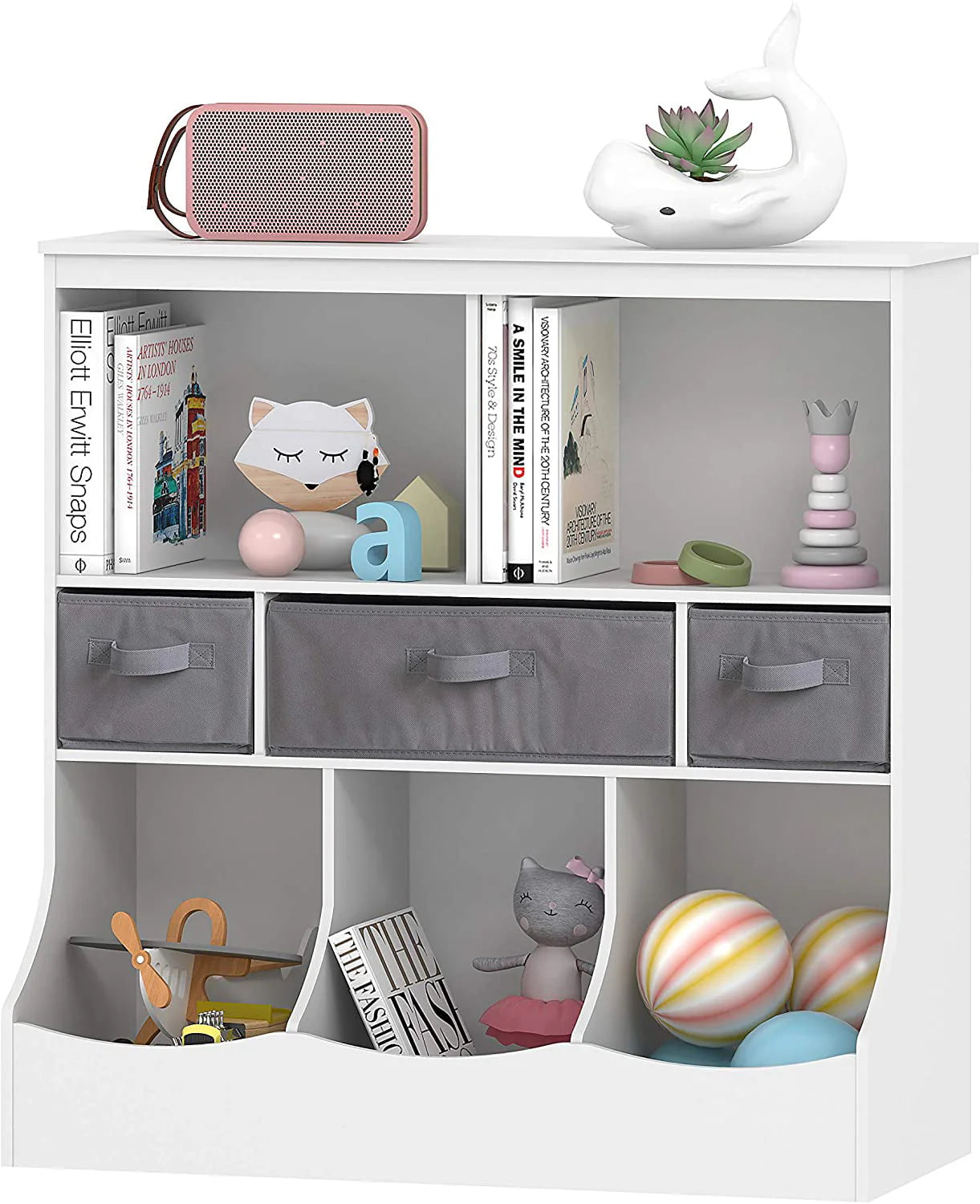 UTEX Toy Storage Organizer with Bookcase, Kid’s Bin Storage Unit with 3 Opening Shelves,White Toys Box Organizer