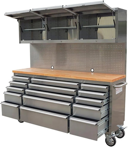 72 Inch Stainless Steel Rolling Tool Chest with 15 Drawers + 3 Upper Cabinets, Mobile Workbench, Assembled Large Tool Box Lockable Storage Cabinet with Wheels for Garage Workshop