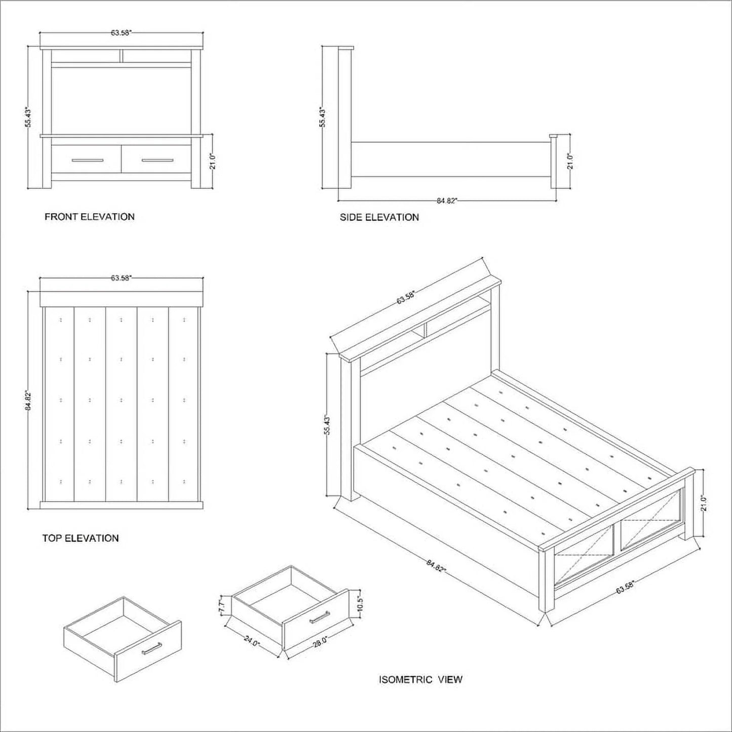 Bowery Hill Modern Design Wood Queen Bed with 2 Drawer Storage and Headboard in Oak