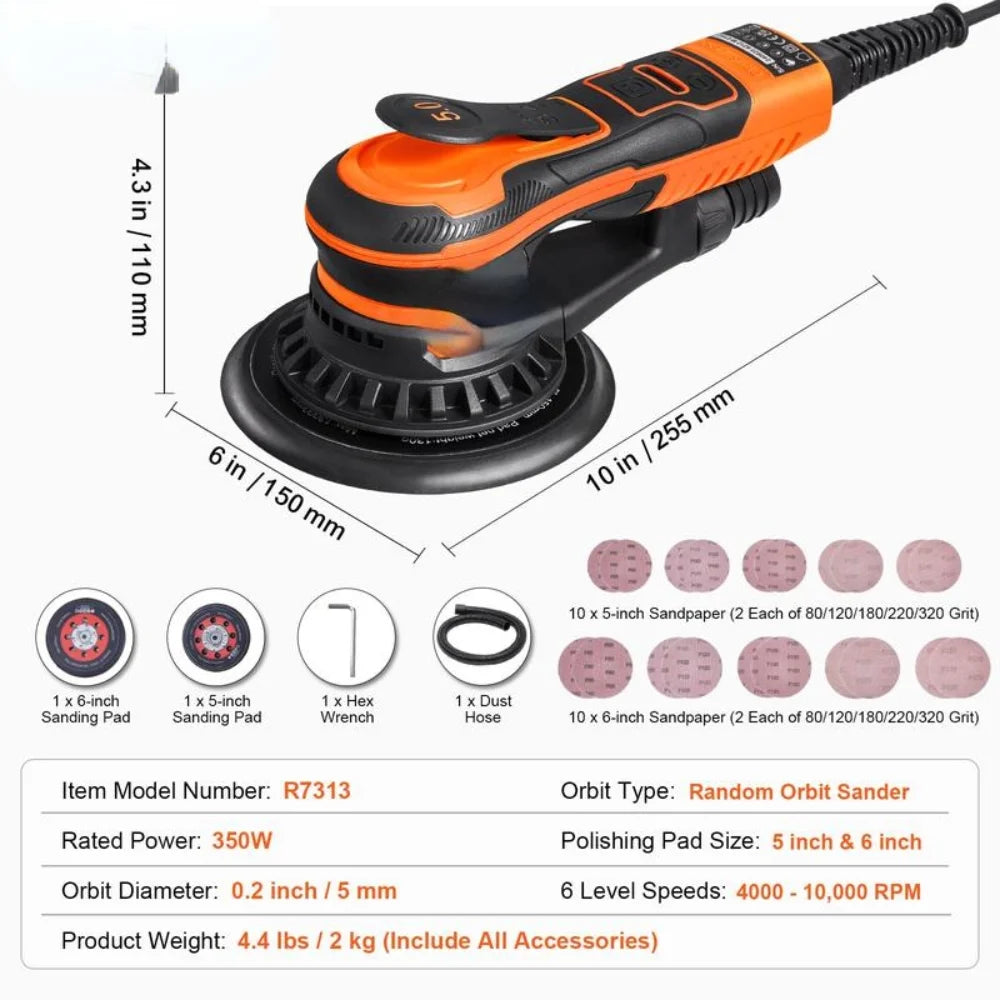 Random Orbital Sander 5 & 6-Inch, 350W Brushless Orbital Sander, 10,000 PRM 6 Variable Speed Electric Palm Sander with 20PCS Sandpapers, Dust Connector & Hose for Woodworking Detailing Sanding