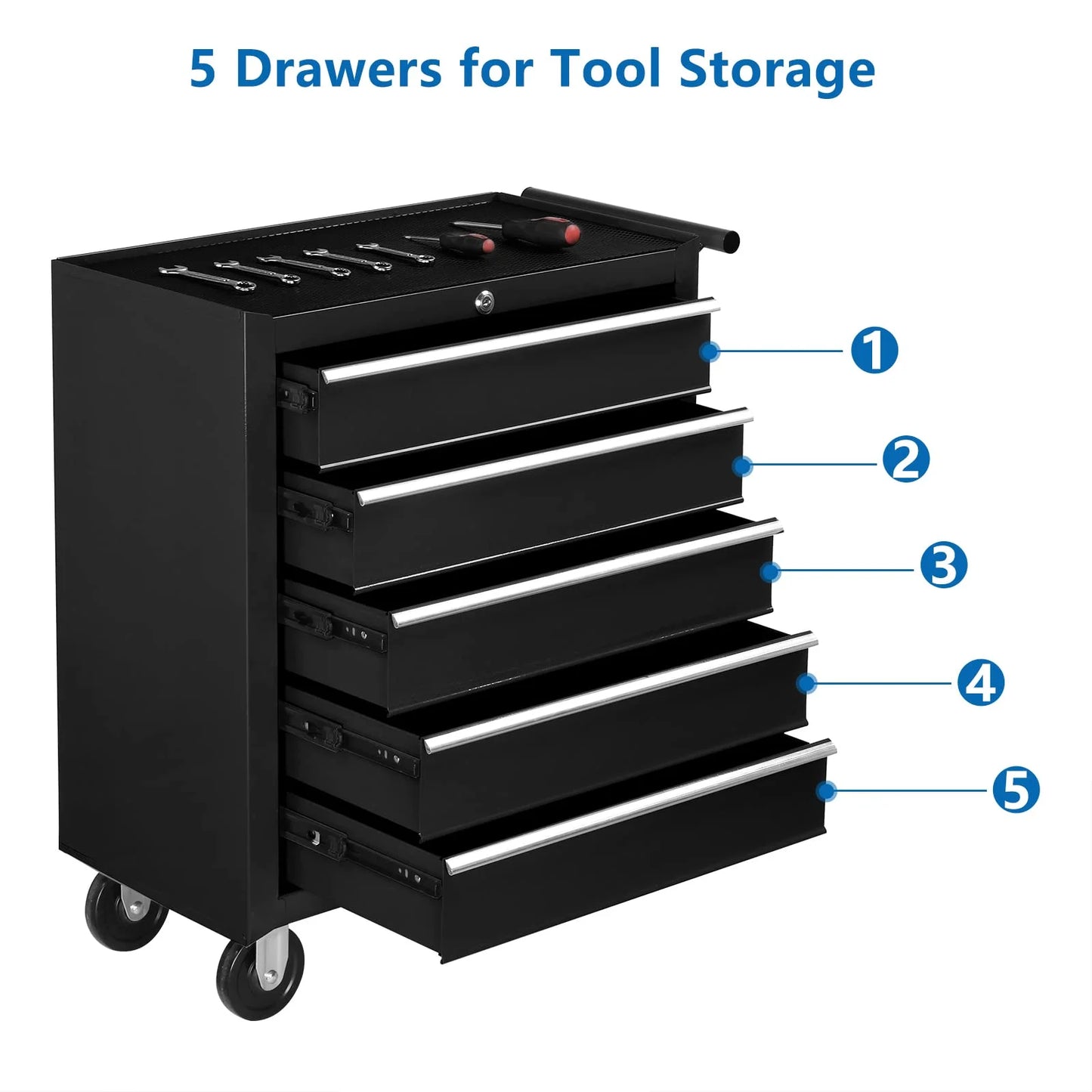 POVANLI 5 Drawers Rolling Tool Chest Cabinet with Wheels, Tool Storage Cabinet and Tool Box Organizer for Garage Warehouse Workshop, Black