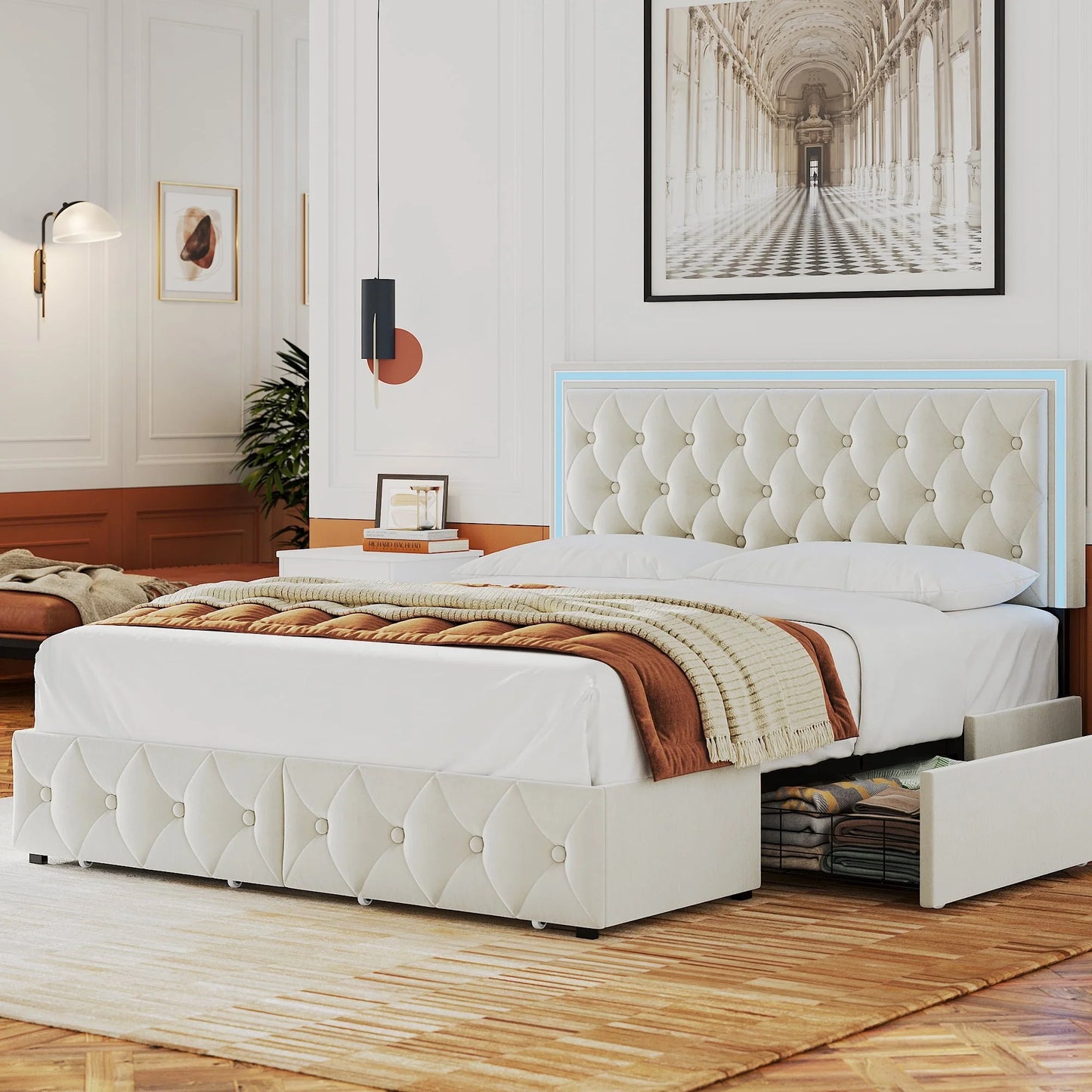 Homfa Queen LED Bed, 9 Colors LED Lights Platform Bed Frame with 4 Storage Drawers, Adjustable Upholstered Headboard with Button Tufted, Velvet Beige