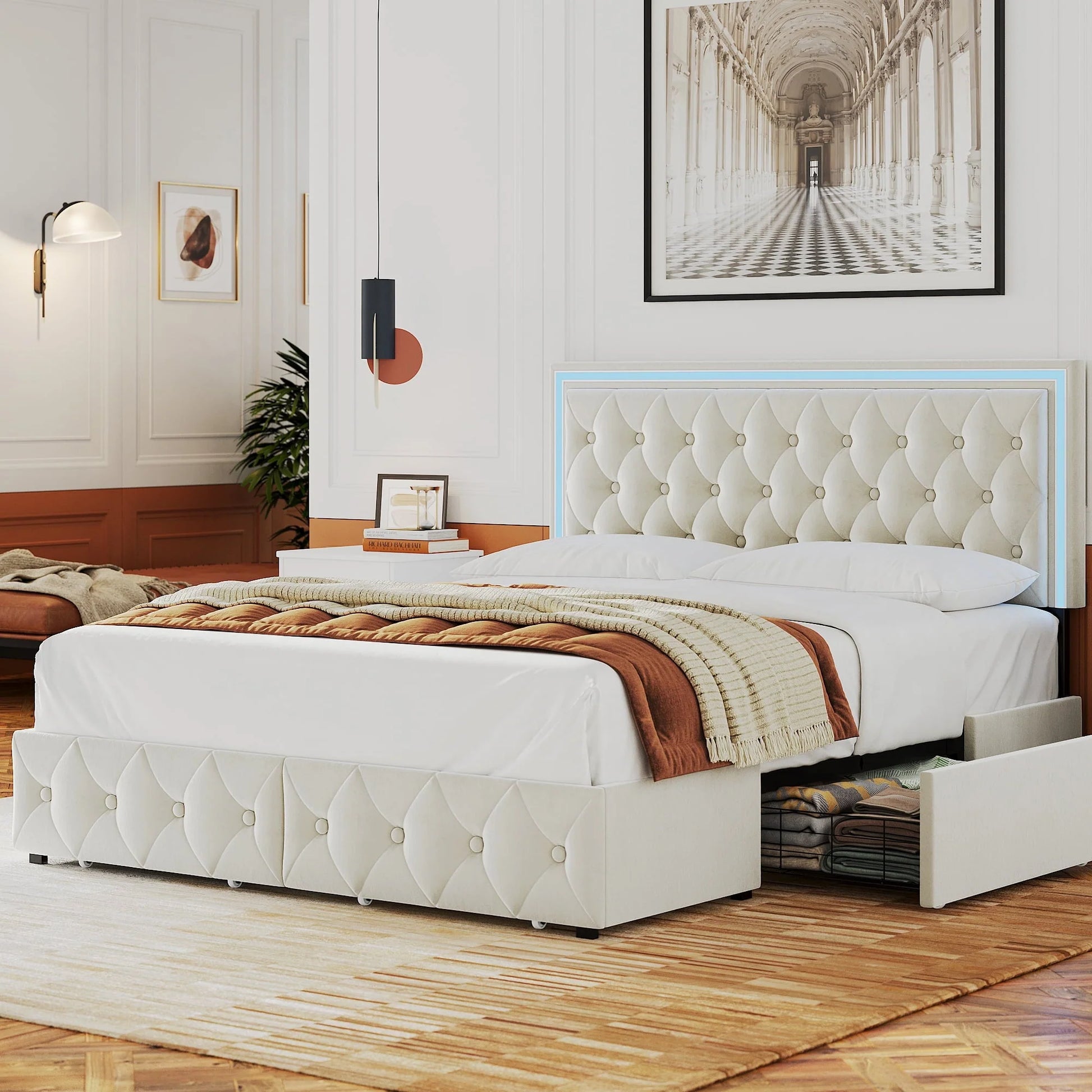 Homfa Queen LED Bed, 9 Colors LED Lights Platform Bed Frame with 4 Storage Drawers, Adjustable Upholstered Headboard with Button Tufted, Velvet Beige