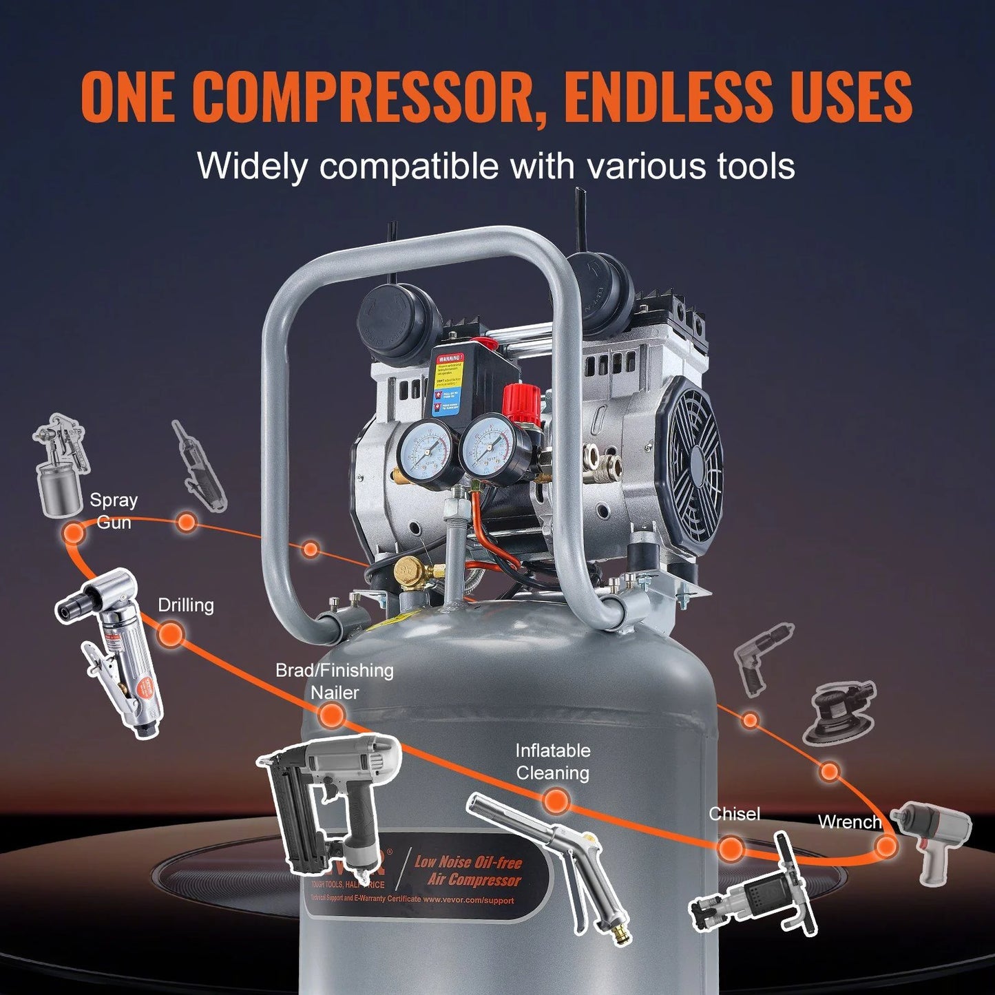 13 Gallon Air Compressor, 66dB Ultra-Quiet Compressor for Tire Inflation, Auto Repair, 2HP 4.6 SCFM@90PSI Oil Free Air Compressor Tank, Woodwork Nailing, Spray Painting (125PSI Max Pressure)