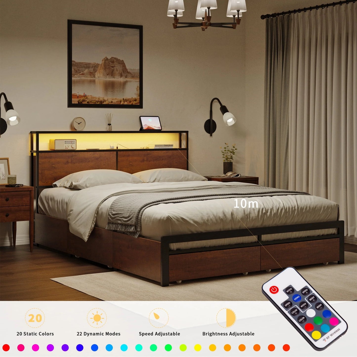 HAUSOURCE Queen Size Bed Frame with Headboard and 4 Storage Drawers LED Platform Bed Frame with Charging Station Rustic Brown