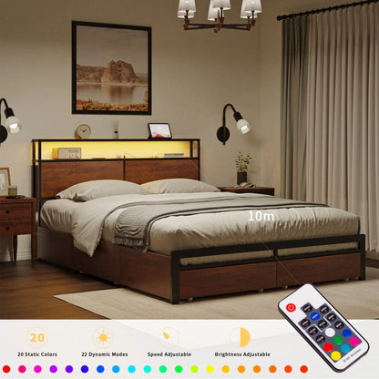 HAUSOURCE Queen Size Bed Frame with Headboard and 4 Storage Drawers LED Platform Bed Frame with Charging Station Rustic Brown