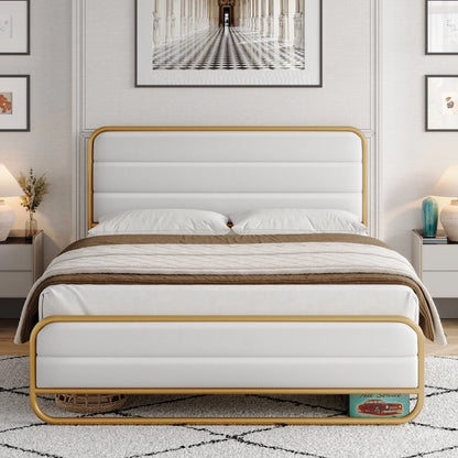 Homfa Queen Size Bed Frame, Gold Metal Tubular Platform Bed with PU Leather Upholstered Headboard, 10.6" Under Bed Storage, White