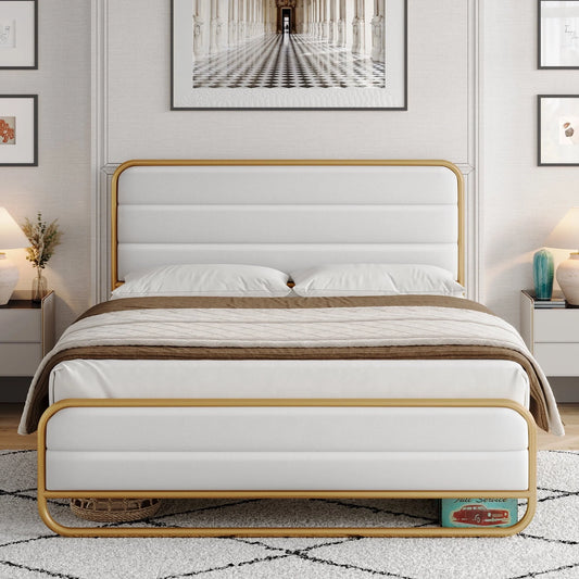 Homfa Queen Size Bed Frame, Gold Metal Tubular Platform Bed with PU Leather Upholstered Headboard, 10.6" Under Bed Storage, White