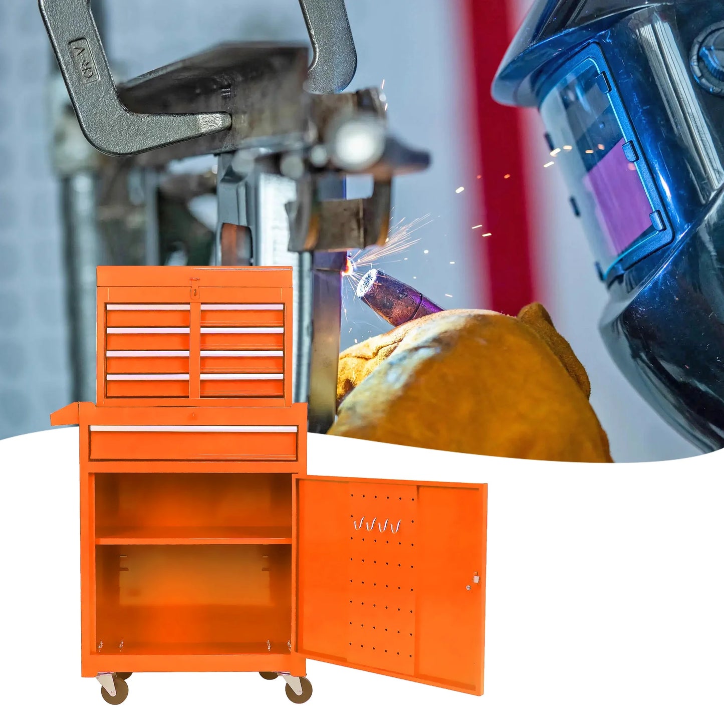5-Drawer Rolling Tool Chest & Removable Tool Box with Locking System, Tool Box Organizer with 4 Wheels& Hooks, Large Capacity Garage Storage Cabinet for Warehouse and Repair Shop, Orange