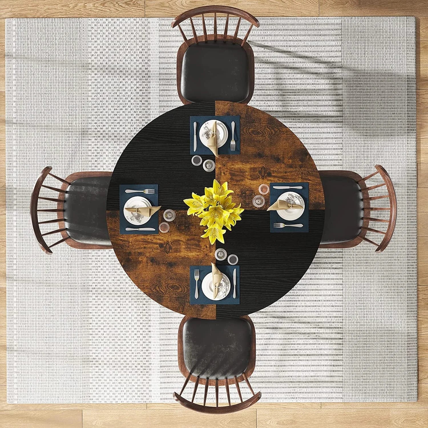 Tribesigns Round Dining Table for 4, 47" Kitchen Table Small Dinner Table with Storage Shelf, Rustic Brown & Black
