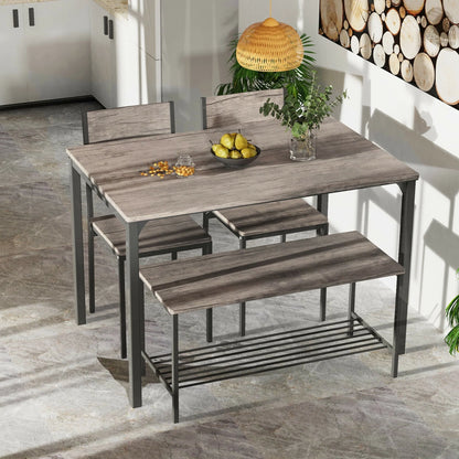 Gymax 4pcs Dining Table Set Rustic Desk 2 Chairs & Bench w/Storage Rack Grey