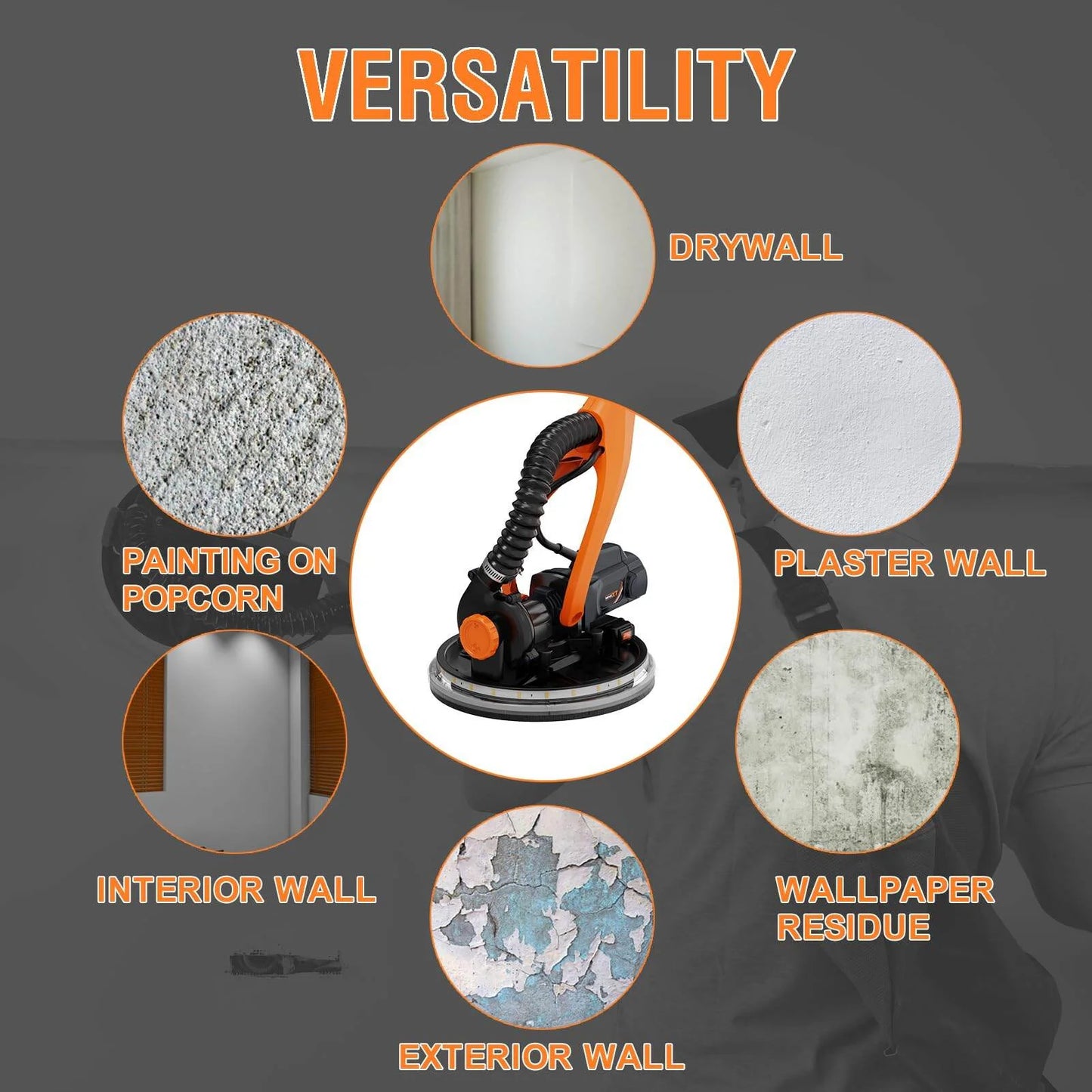 Drywall Sander with Vacuum Dust Collection, 6 Variable Speed Foldable Telescopic Electric Wall Sander, Popcorn Ceiling Removal Tool, 1900RPM Power Sander Tool, LED Light, 18Pcs Sanding Discs,Power D