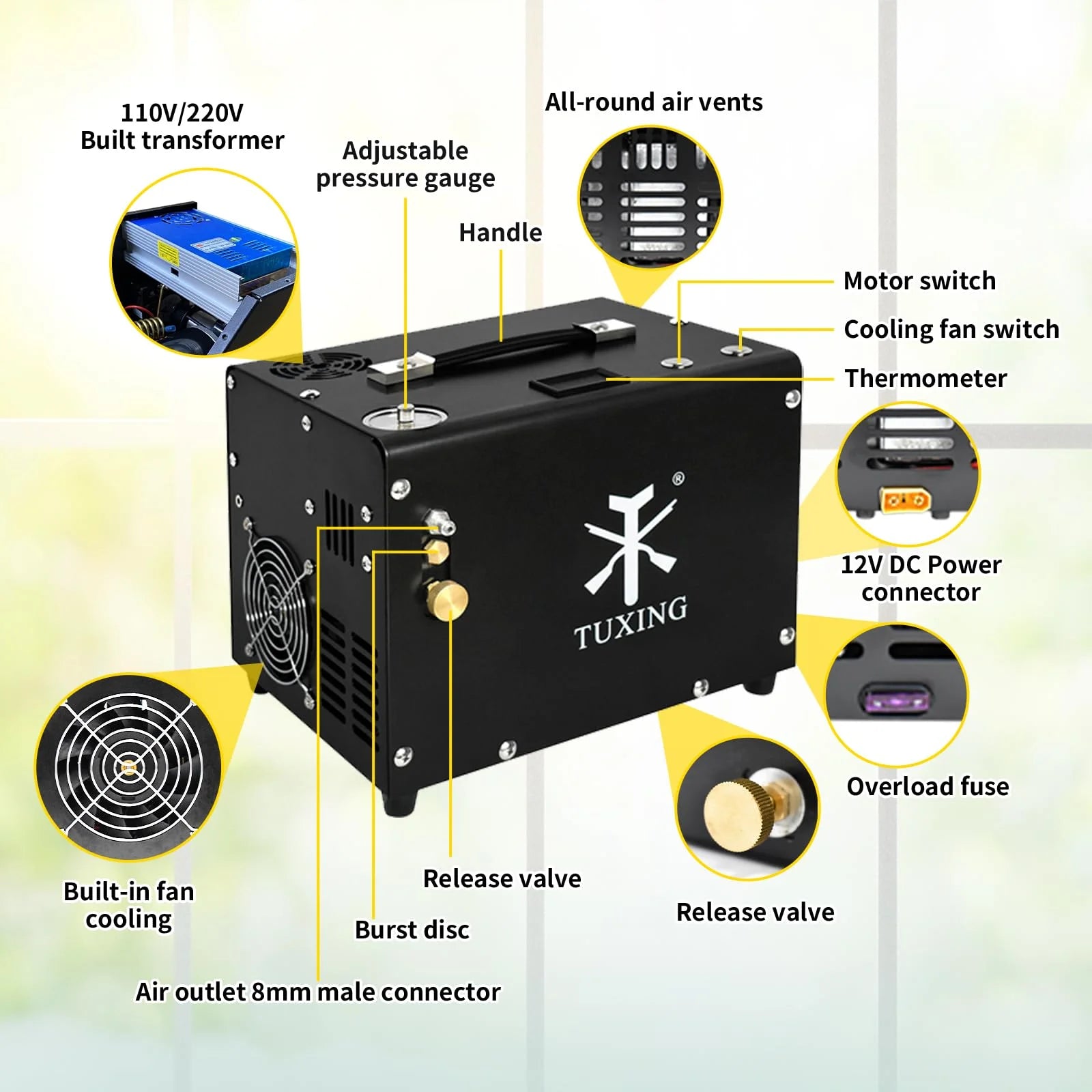 TUXING 4500Psi PCP Air Compressor,Auto-Stop,Oil/Water-Free, High Pressure Air Compressor for Paintball Tank Pump