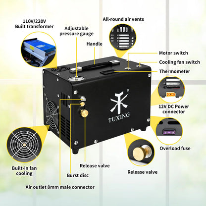 TUXING 4500Psi PCP Air Compressor,Auto-Stop,Oil/Water-Free, High Pressure Air Compressor for Paintball Tank Pump