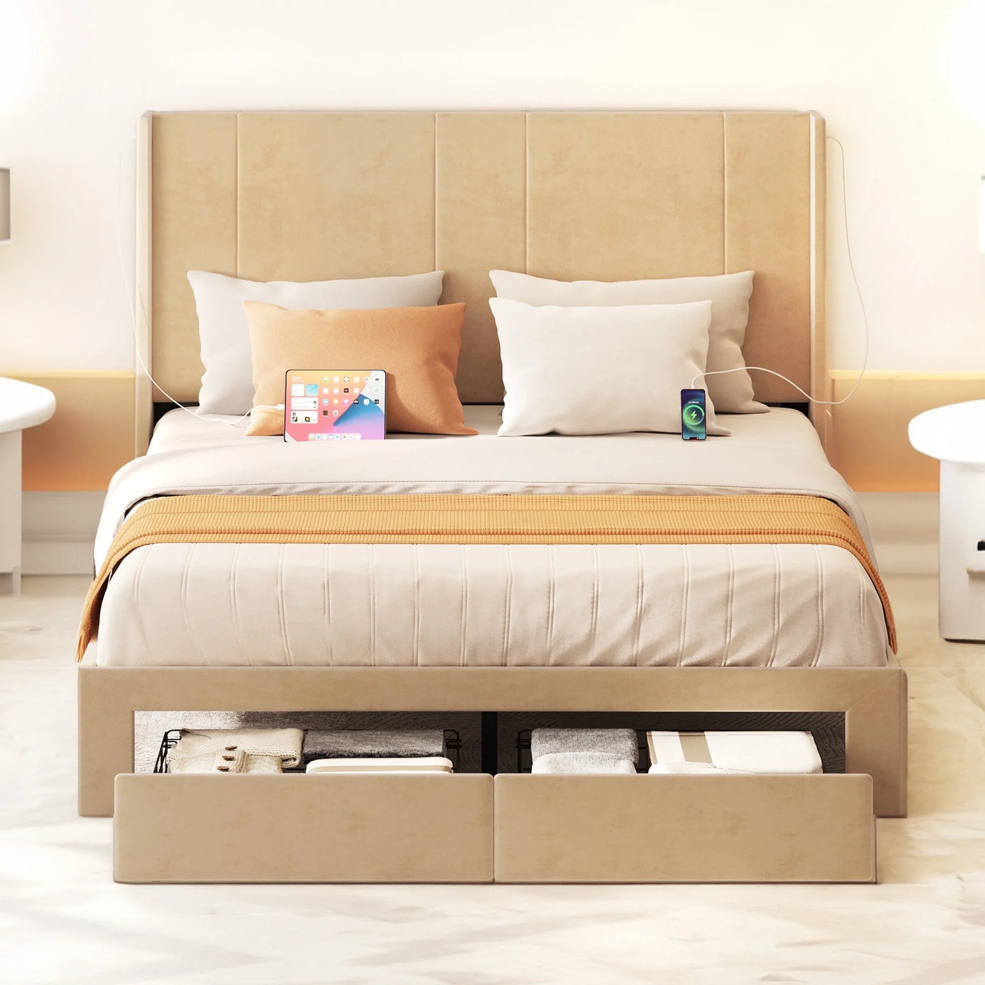 Dextrus Queen Size Upholstered Bed Frame, Platform Bed Frame with Storage Drawers, Headboard Built-in 2 USB Charging Stations and Strong Wood Slats Support, No Box Spring Needed, Beige