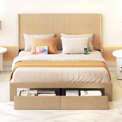 Dextrus Queen Size Upholstered Bed Frame, Platform Bed Frame with Storage Drawers, Headboard Built-in 2 USB Charging Stations and Strong Wood Slats Support, No Box Spring Needed, Beige