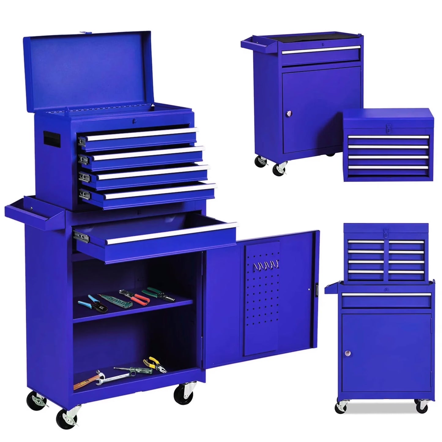 Aukfa Tool Box, 2 in 1 Steel Rolling Tool Chest & Cabinet On Wheels for Garage, 5-drawer, Blue