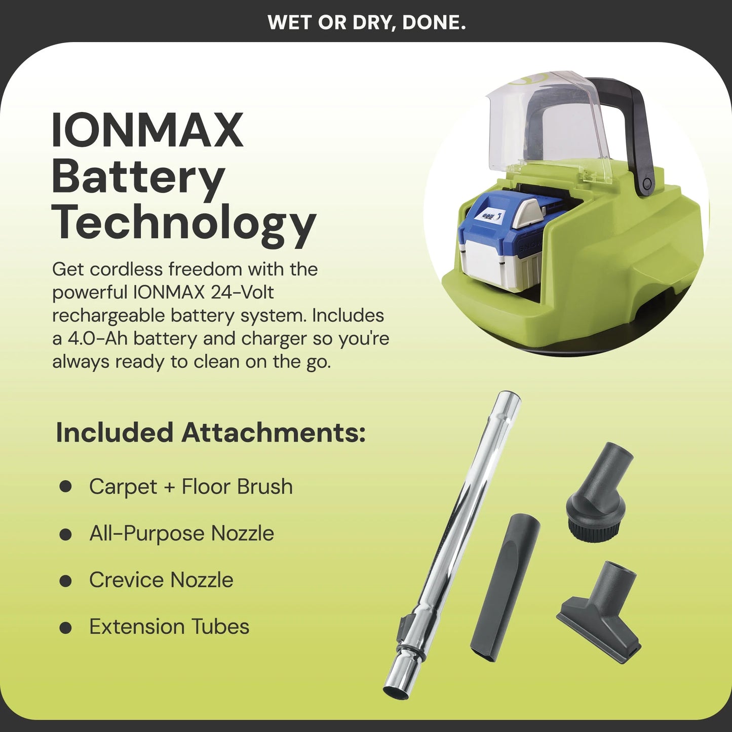 Sun Joe 24V Cordless Stainless Steel Wet or Dry Vacuum Kit, 5.3 Gallon, Green, 24V-WDV6000
