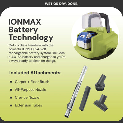 Sun Joe 24V Cordless Stainless Steel Wet or Dry Vacuum Kit, 5.3 Gallon, Green, 24V-WDV6000