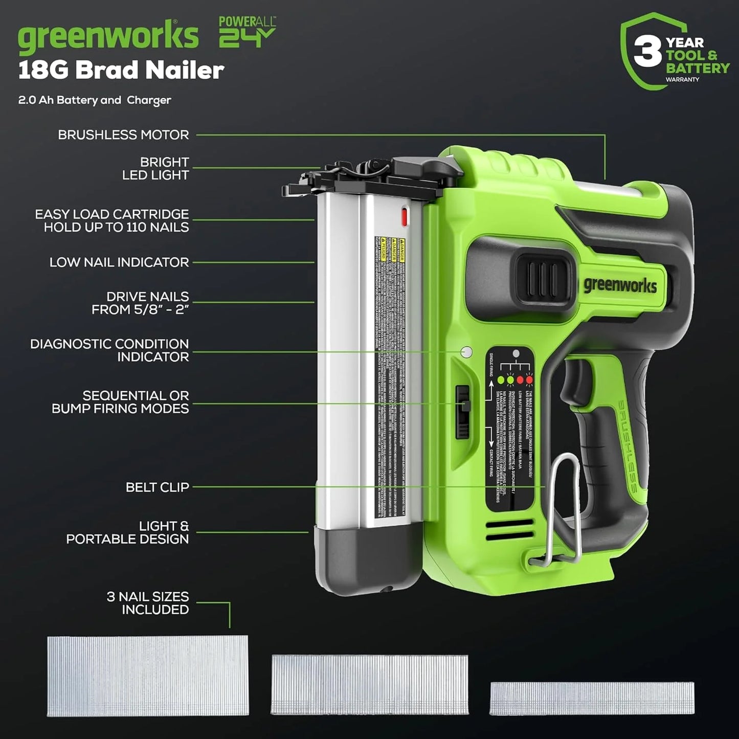 Greenworks 24V 18GA Brushless Brad Nailer, Cordless Staple Gun, Tool Only