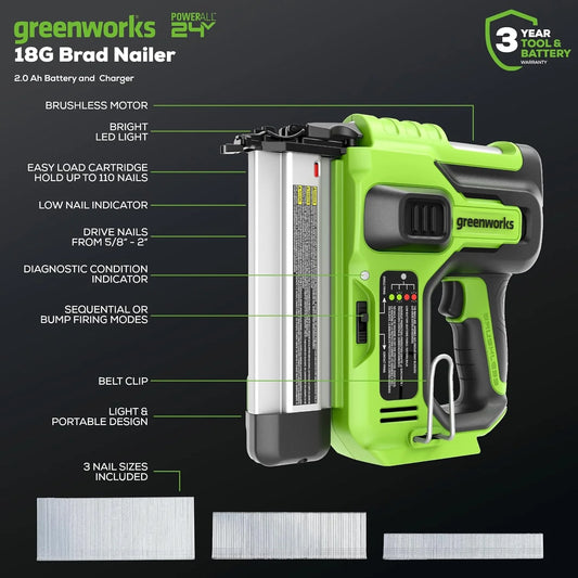 Greenworks 24V 18GA Brushless Brad Nailer, Cordless Staple Gun, Tool Only