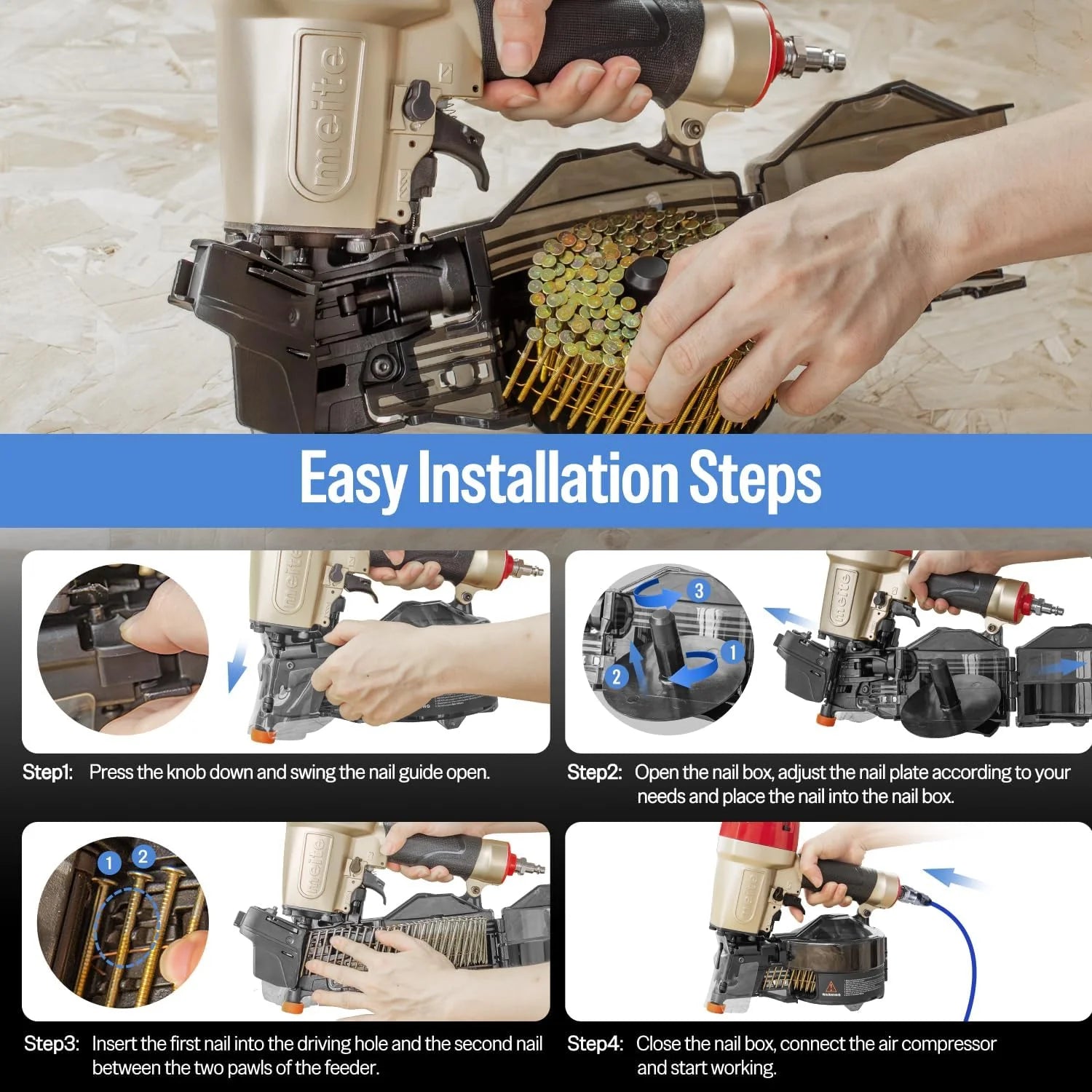 MEITE CN65S Pneumatic Coil Siding Nailer with Safety Nose, 15-16 Degrees 1-1/2" to 2-1/2"Coil Nail Gun Lightweight