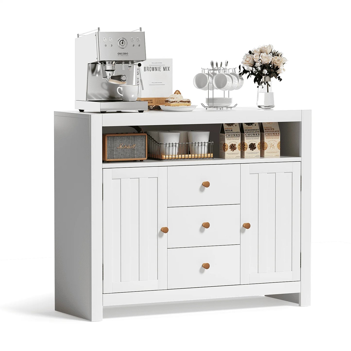 RichYa Sideboard Buffet Cabinet with Storage with 3 Drawers 2 Doors Wood Coffee Bar for Kitchen Dining Room Entryway