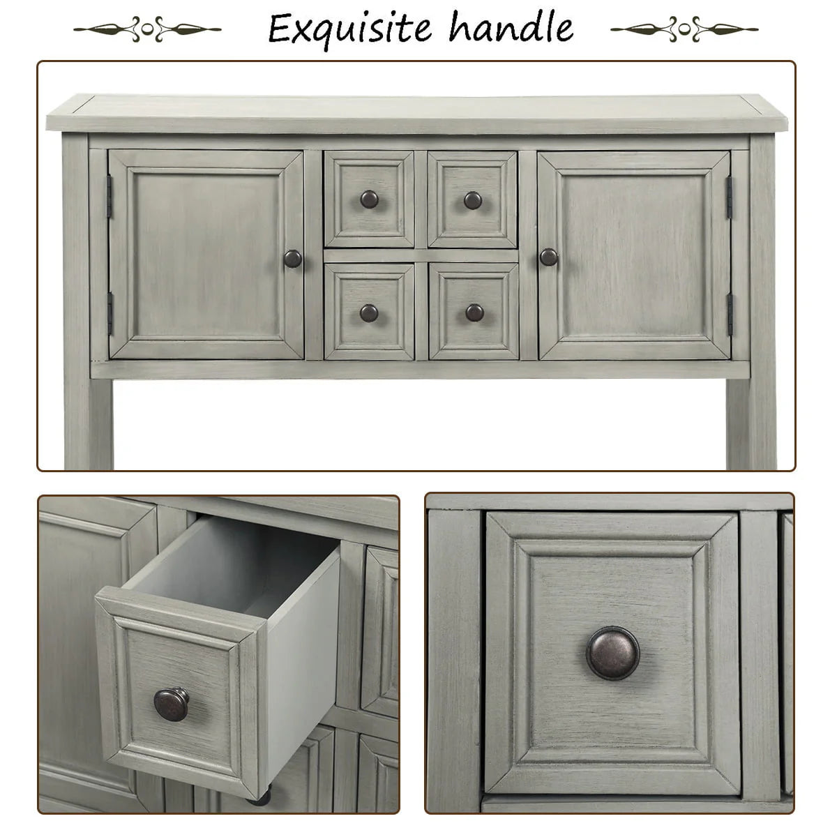 Buffet Sideboard, 46" Dining Room Console Table with 4 Storage Drawers, 2 Cabinets, 1 Bottom Shelf, Antique Grey, Q3687