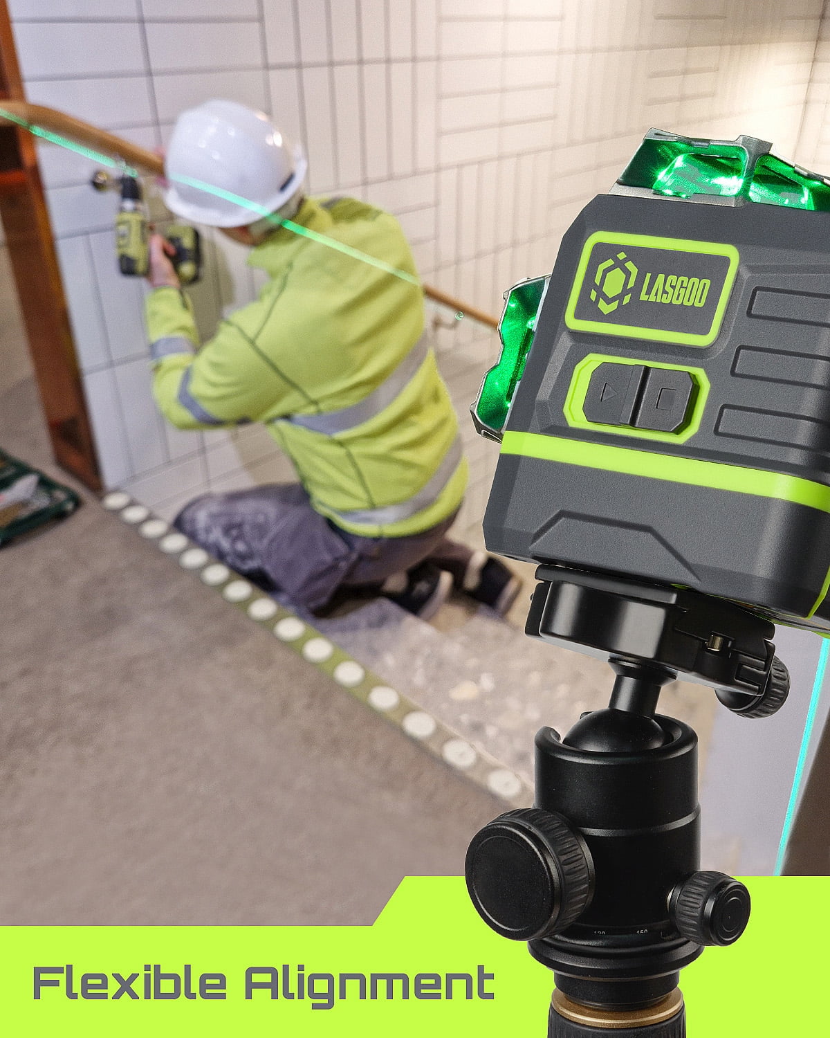 Laser Level 3x360? LASGOO with Remote Control, 2 Rechargeable Batteries, 100FT Range, 360? Magnetic Rotating Stand, IP54, 3Ds