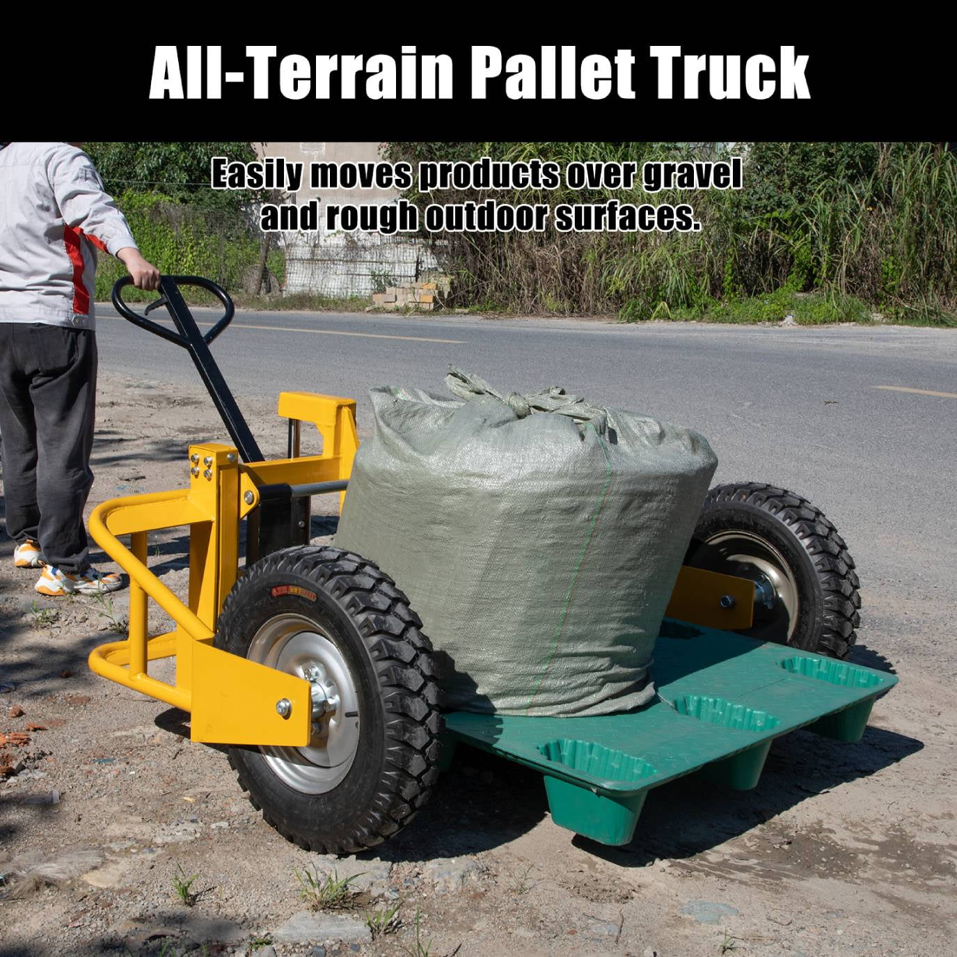 All Terrain Adjustable Manual Pallet Jack Hand Pallet Truck with Guardrail, 65.75"W x 55.35"D x 50.39"H, 2500 lbs Cap.