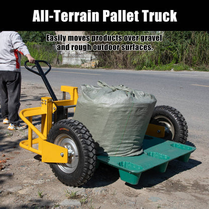 All Terrain Adjustable Manual Pallet Jack Hand Pallet Truck with Guardrail, 65.75"W x 55.35"D x 50.39"H, 2500 lbs Cap.