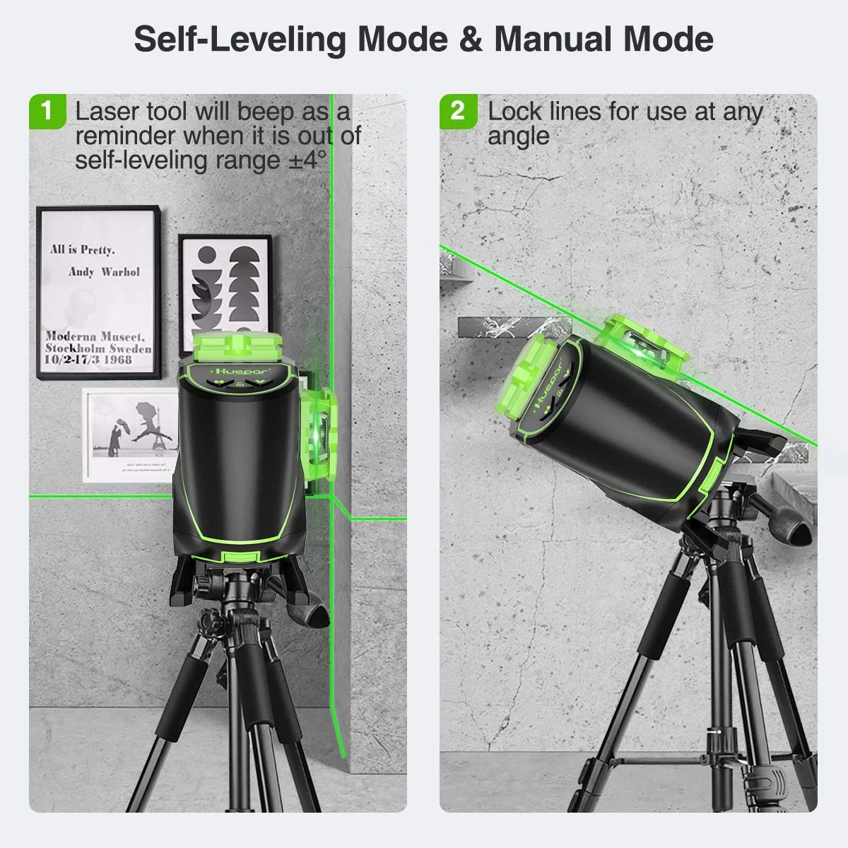 Huepar 3 x 360 Degree Cross Line Laser Level 3D Self-leveling Tiling Floor Green Beam Laser Leveler Tools with Li-ion Battery & Pivoting Base S03DG-L