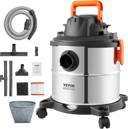 Stainless Steel Wet Dry Shop Vacuum, 5.5 Gallon 6 Peak HP Wet/Dry Vac, Powerful Suction with Blower Function w/Attachment 2-in-1 Crevice Nozzle, Small Vac Perfect for Carpet Debris, Pet Hair