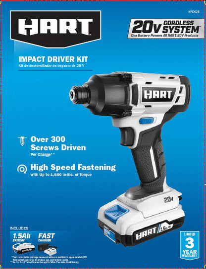HART 20-Volt Cordless Impact Driver Kit, (1) 1.5Ah Lithium-Ion Battery, Hex Chuck, Gen 2