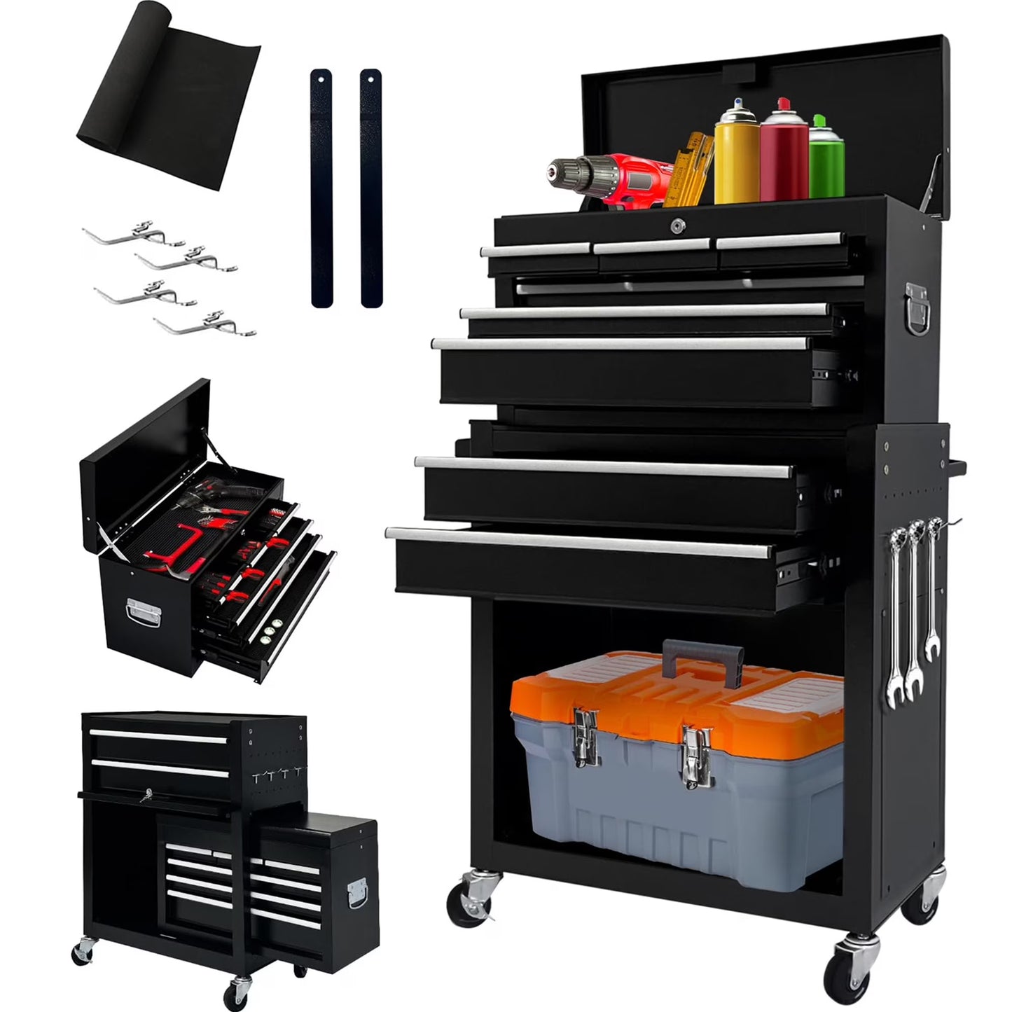 Aukfa Tool Box, 2 in 1 Steel Rolling Tool Chest & Cabinet on Wheels for Garage, 8-Drawers, Blue