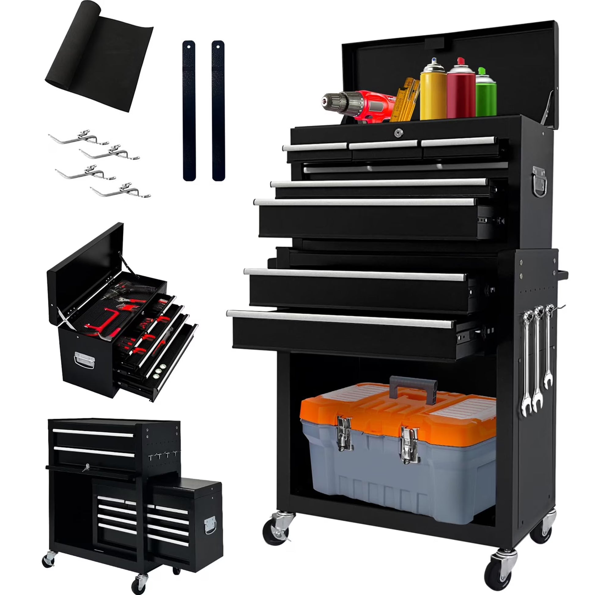 Aukfa Tool Box, 2 in 1 Steel Rolling Tool Chest & Cabinet on Wheels for Garage, 8-Drawers, Blue