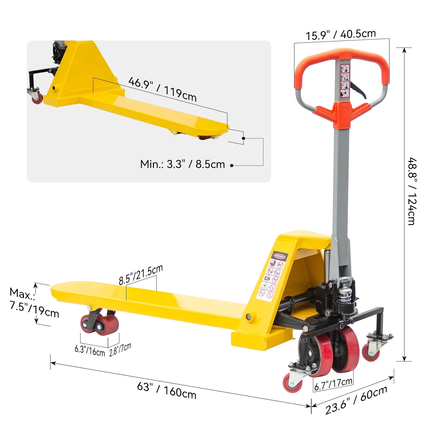 HPDMC Pallet Jack Truck 2,200 LBS Capacity 48'' L x 8'' W Single Fork Manual Pallet Jack Truck