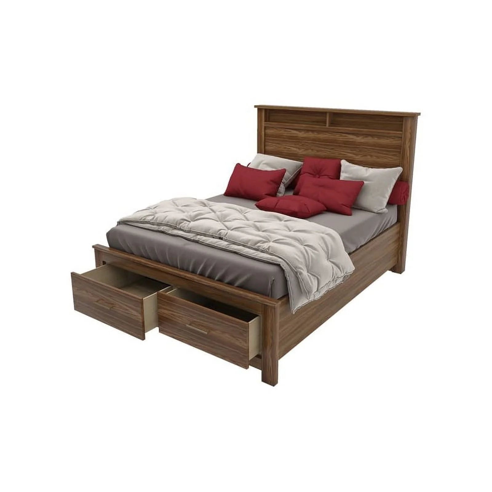 Bowery Hill Modern Design Wood Queen Bed with 2 Drawer Storage and Headboard in Oak